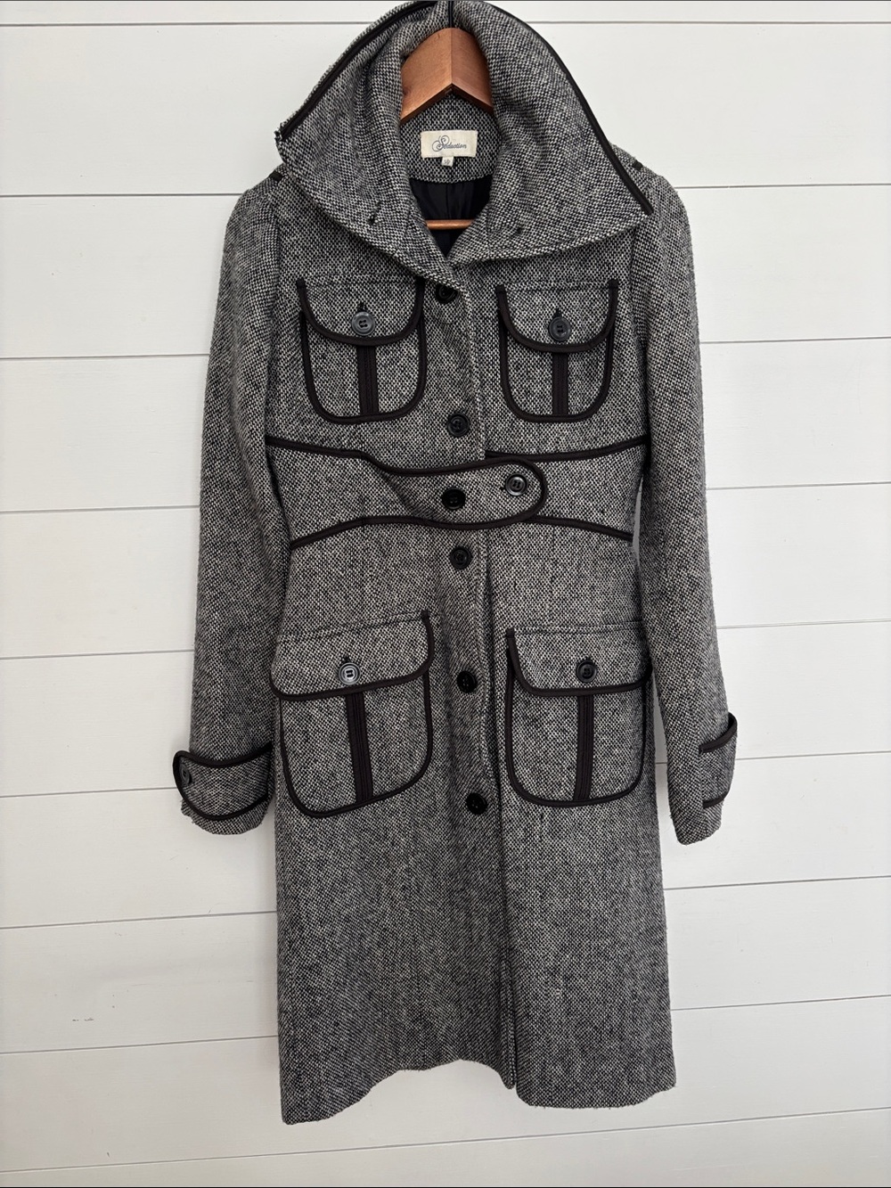 Wool Blend Coat 4 Patch Pockets Button Closure